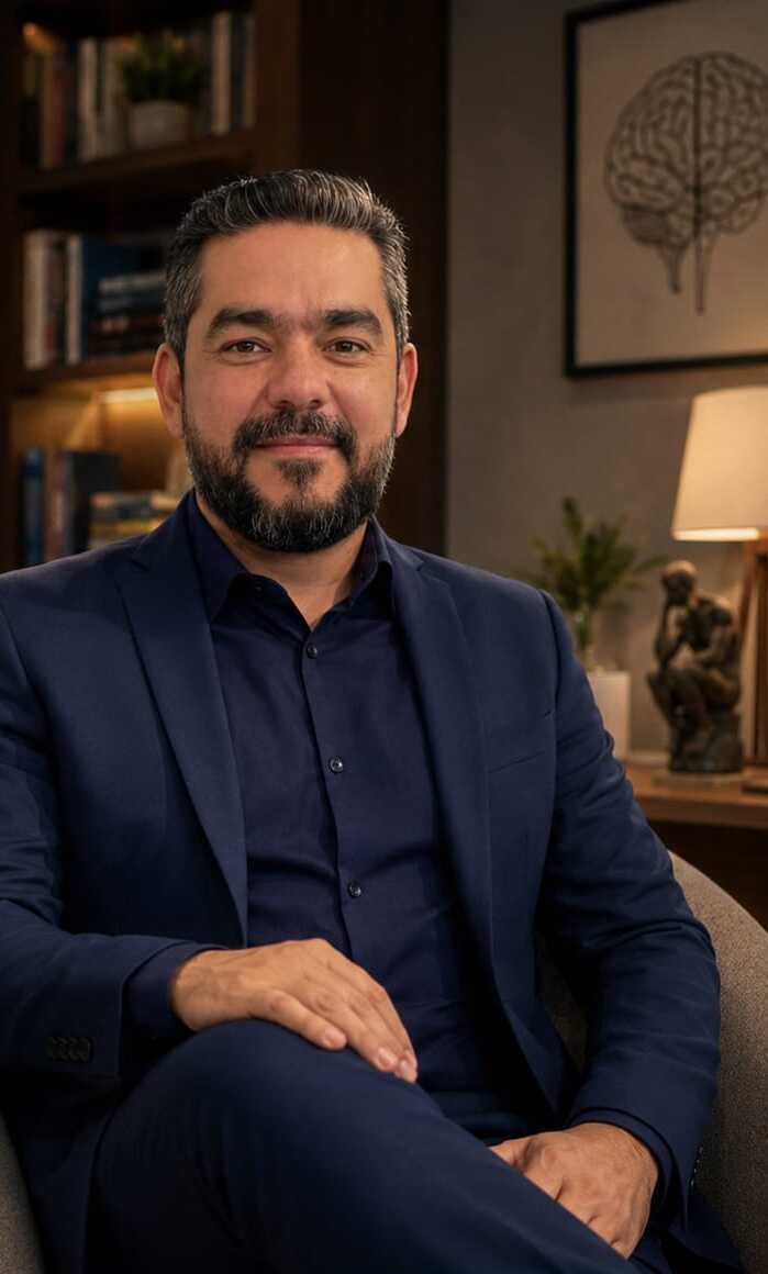 Daniel Vieira sentado, sorrindo, em ambiente com estante de livros